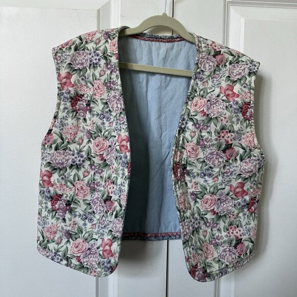 Vintage Handmade Quilted Vest Womens Cropped Floral Cottagecore Granny Prairie - Picture 4 of 9